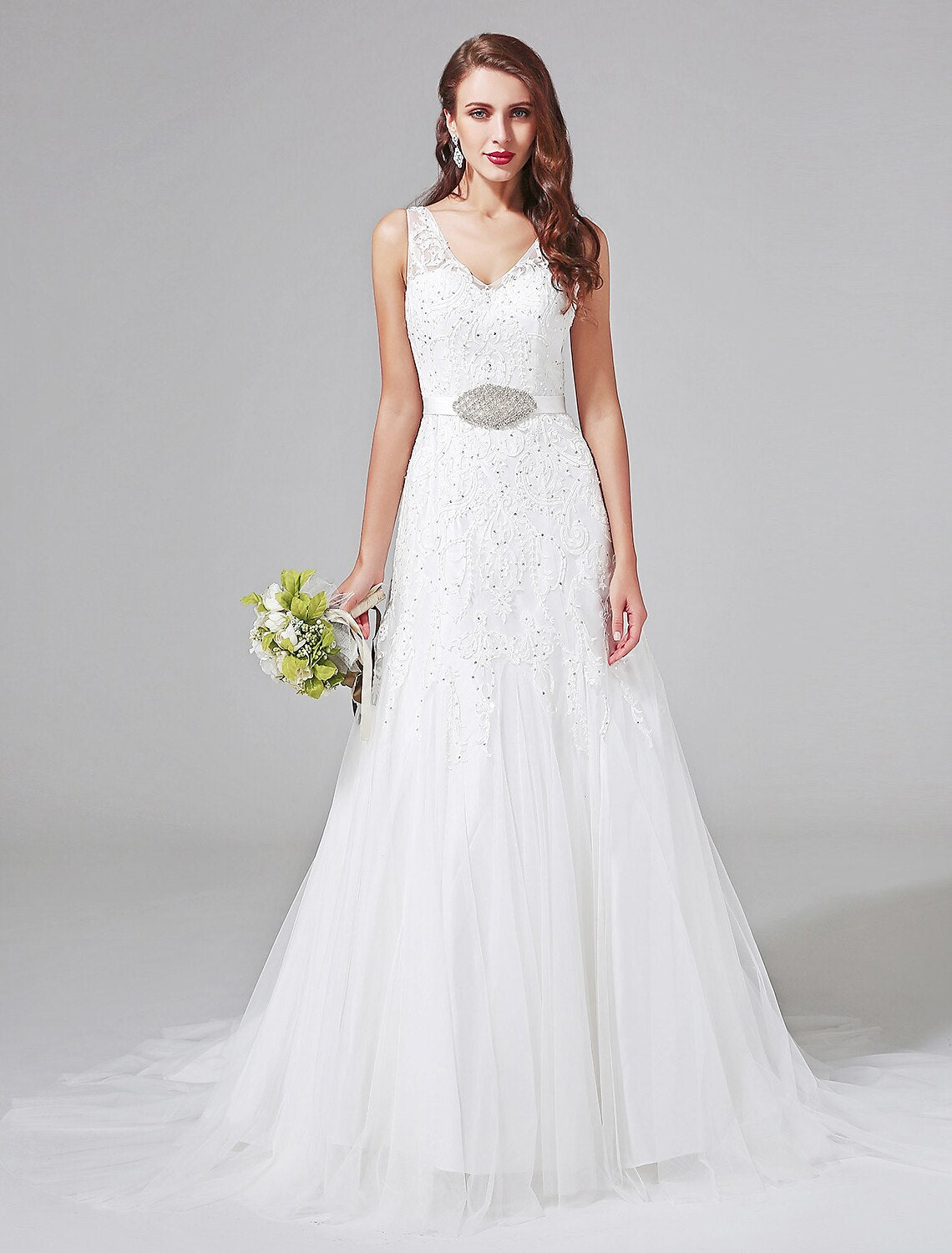 Luolandi Wedding Dresses A-Line V Neck Sleeveless Court Train Lace Bridal Gowns With Sash Beading